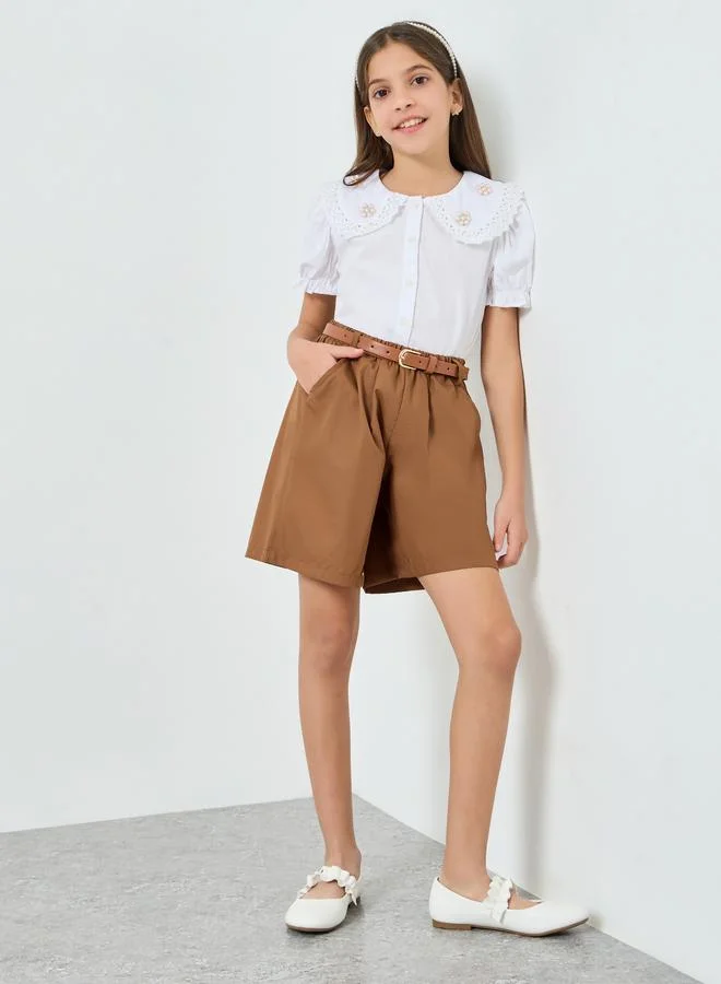 Styli Girls Brown Woven Shorts with Belt